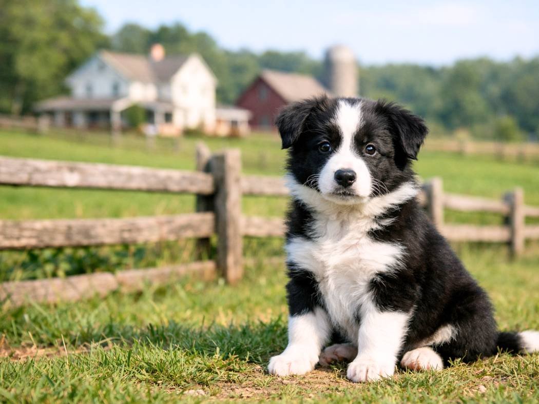 Border Collie puppy sitting on a farm with fields and wooden fencing