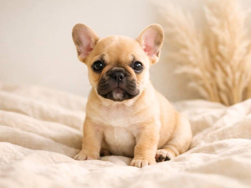Adorable fawn French Bulldog puppy sitting on soft neutral fabric in warm natural light