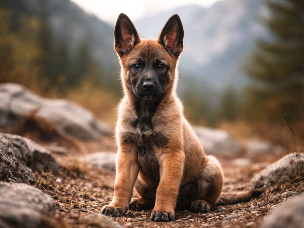 A young female Belgian Malinois puppy sitting upright with a calm yet dominant expression, symbolizing fierce female dog names.
