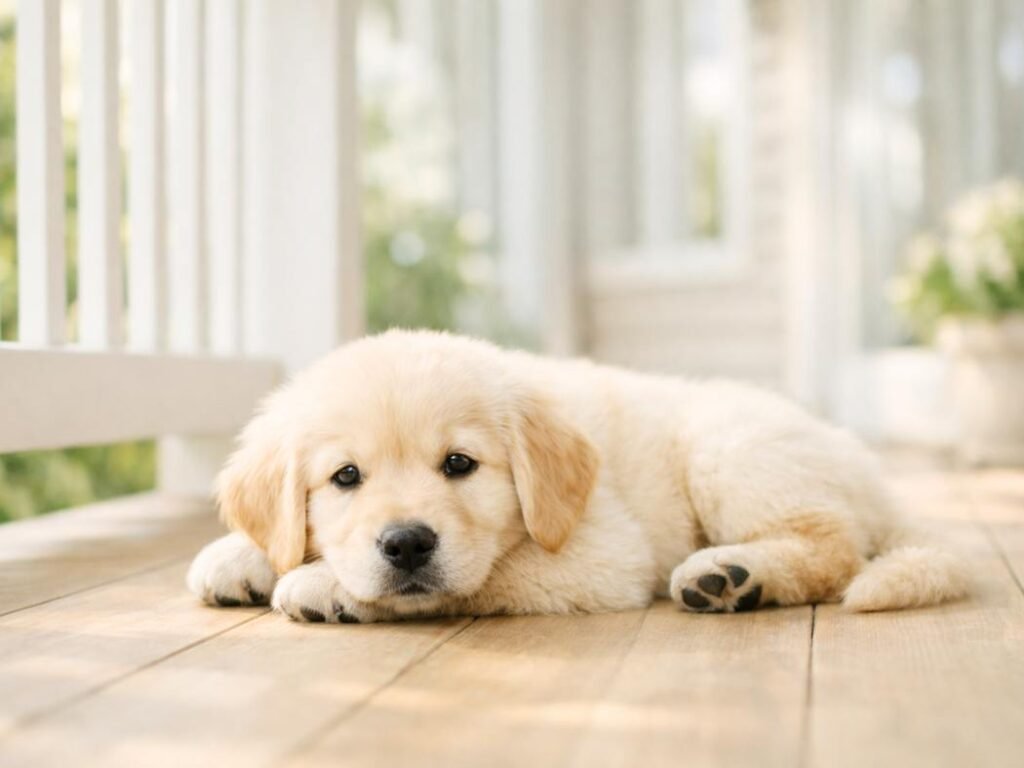 Golden Retriever puppy resting on a sunlit porch of an American home