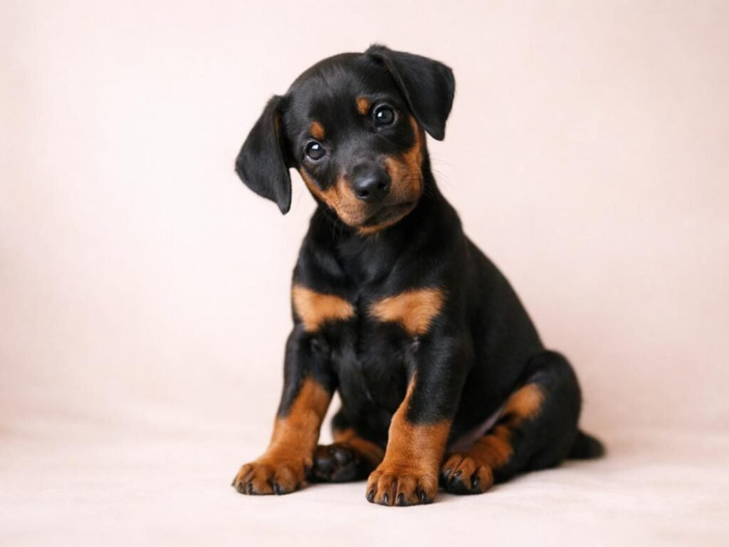 A graceful black and red Doberman puppy sitting on a soft neutral background with a gentle head tilt.