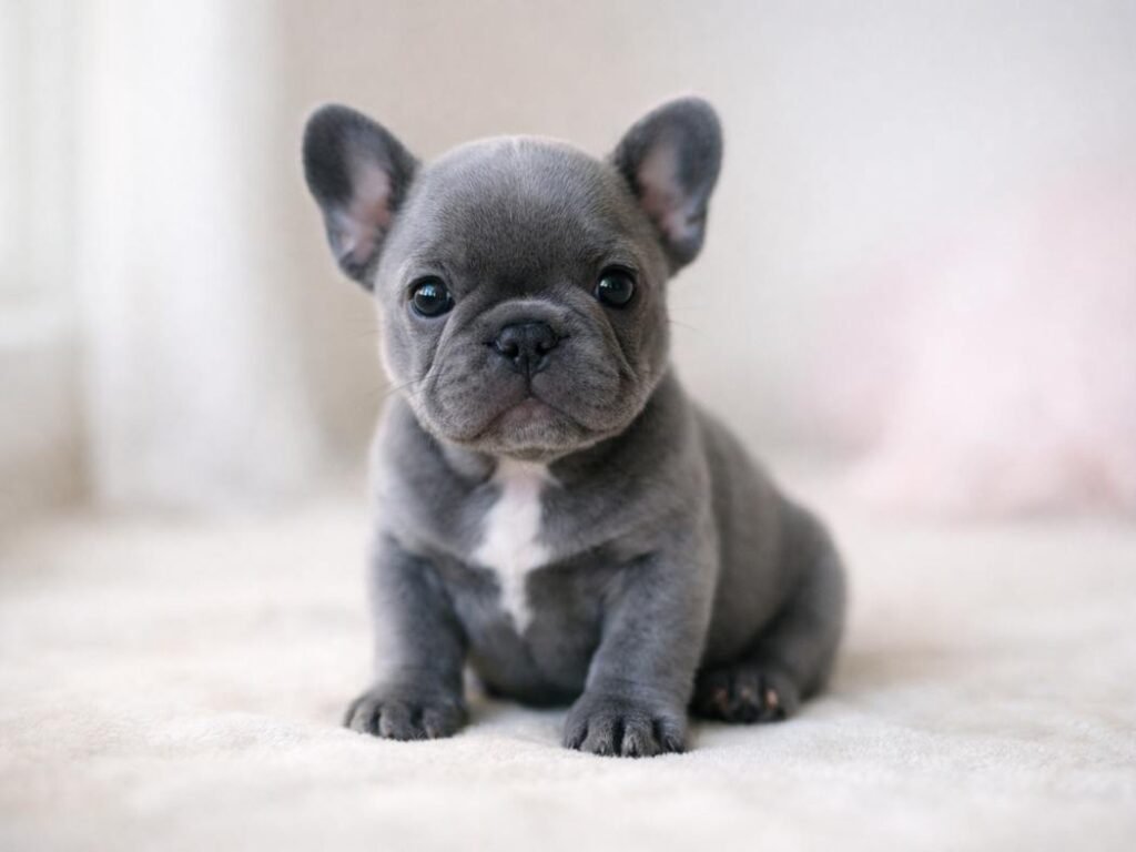 Gray French Bulldog puppy sitting on a soft pastel background looking adorable