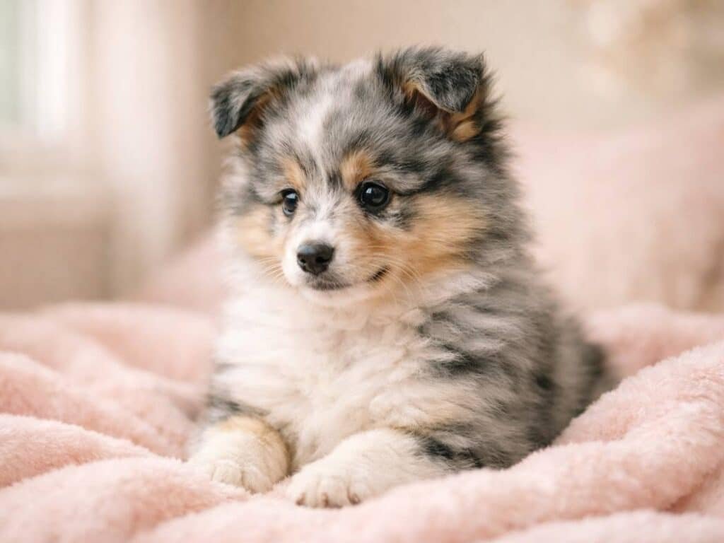 Adorable blue merle Shetland Sheepdog puppy sitting on a soft pink blanket in a cozy indoor setting