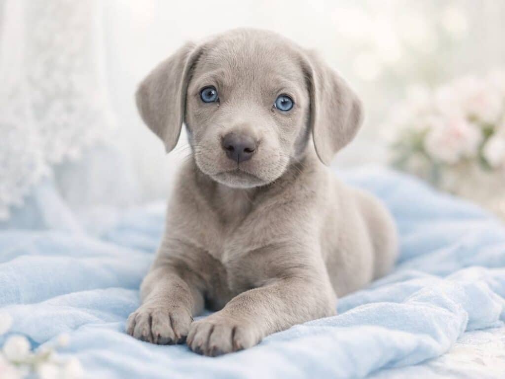 Female blue Weimaraner puppy with light silver-blue coat