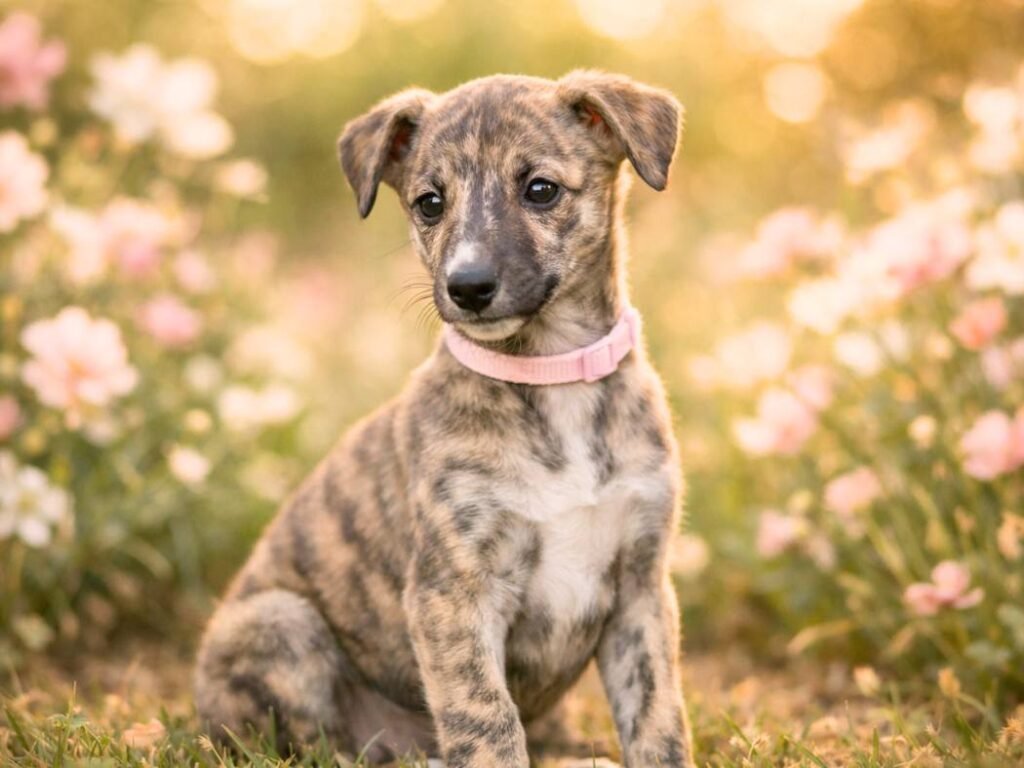 Female brindle Greyhound puppy sitting in a sunny garden