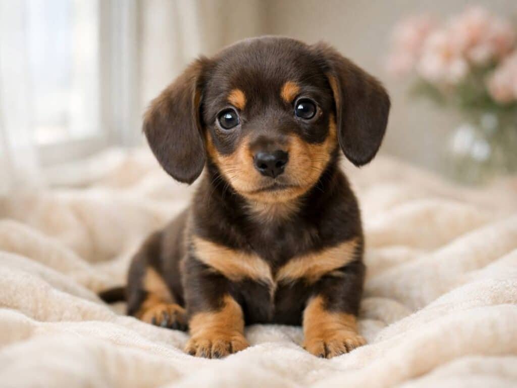 Small brown and tan Dachshund puppy sitting on a soft indoor blanket