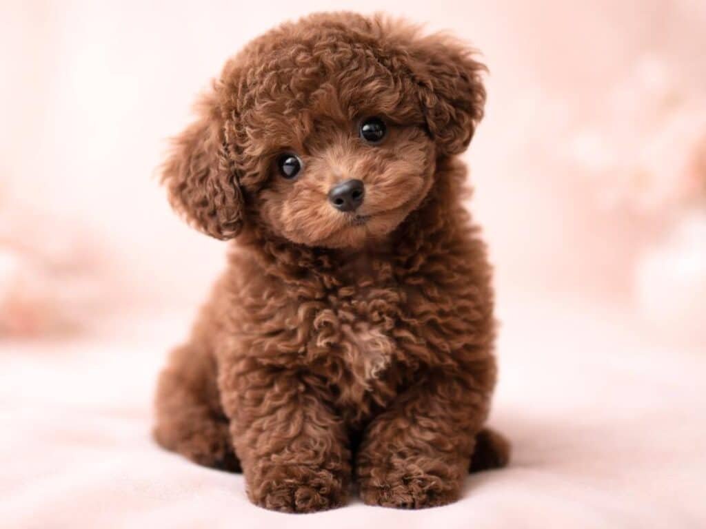 Cute chocolate brown poodle puppy with curly fur and bright eyes sitting on a soft pastel background