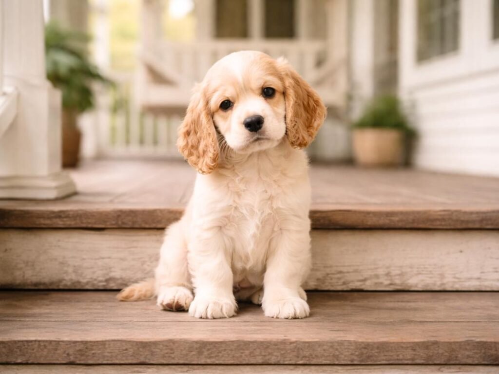 Cocker Spaniel puppy sitting on the porch of a classic American house