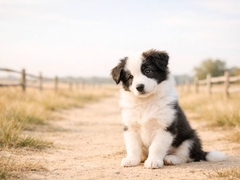 A Border Collie puppy resting on a quiet ranch path in a light, airy Western countryside.