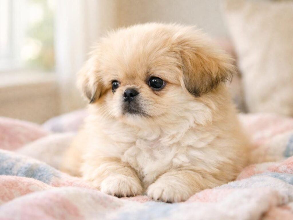 Fluffy Pekingese puppy sitting on a soft blanket near a bright window