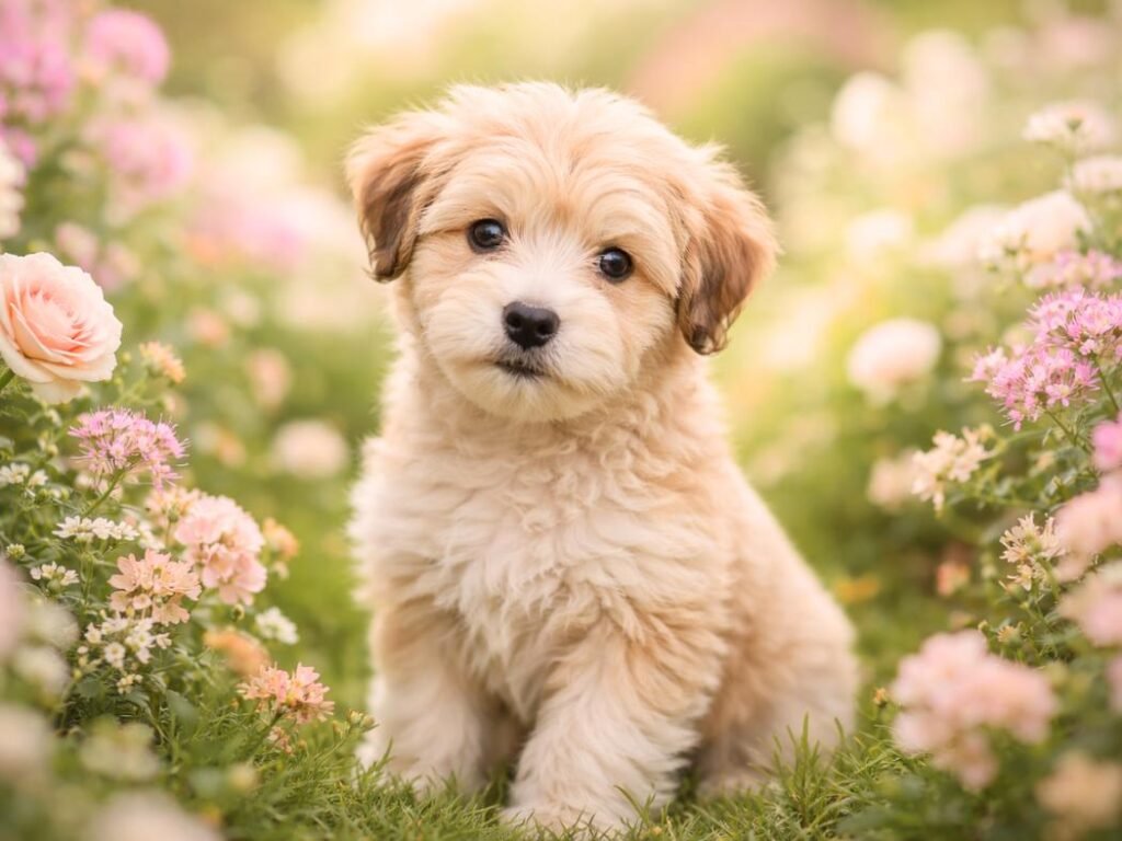 Soft Coated Wheaten Terrier puppy sitting in a colorful flower garden with a gentle expression
