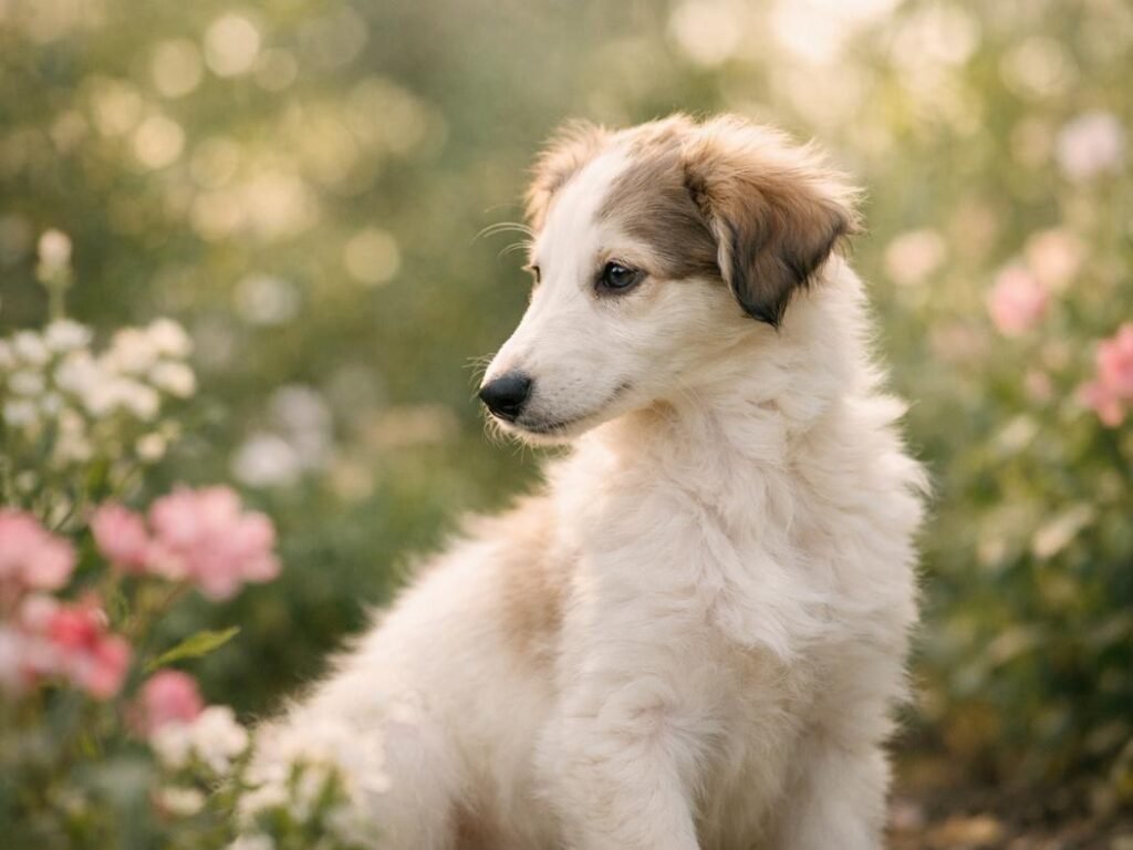 Borzoi puppy in a flower garden, softly lit by morning sunlight, looking graceful and calm