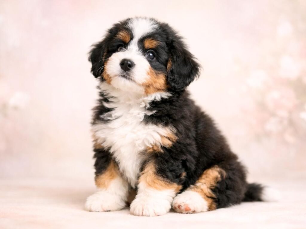 A very cute Bernedoodle puppy with a soft tri-color coat and gentle, elegant expression.