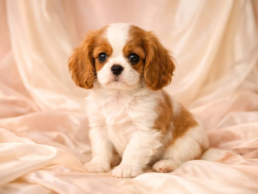 Graceful Cavalier King Charles Spaniel puppy with soft features and silky ears, styled in a gentle and elegant setting.