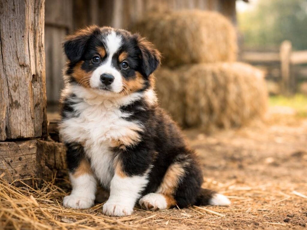 Australian Shepherd puppy sitting near a barn on a farm