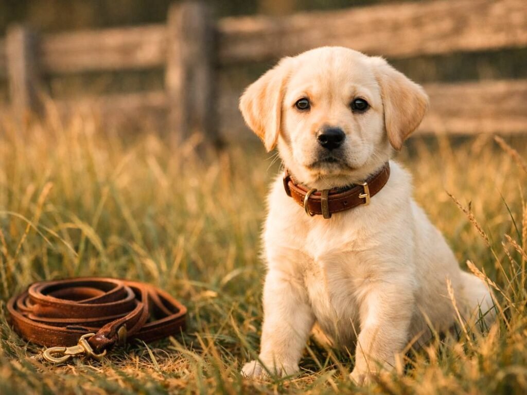 Female Labrador Retriever puppy sitting in tall grass wearing a leather collar in a hunting-inspired outdoor scene