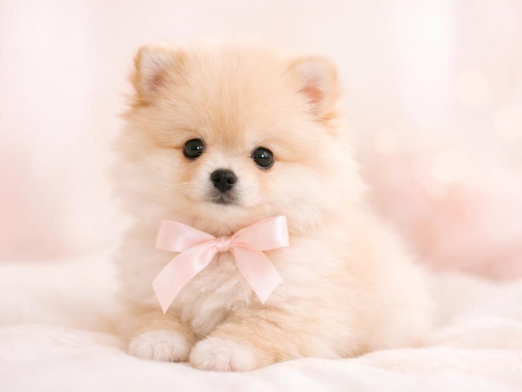 A fluffy Pomeranian puppy with a gentle, feminine expression posed against a soft pastel background.