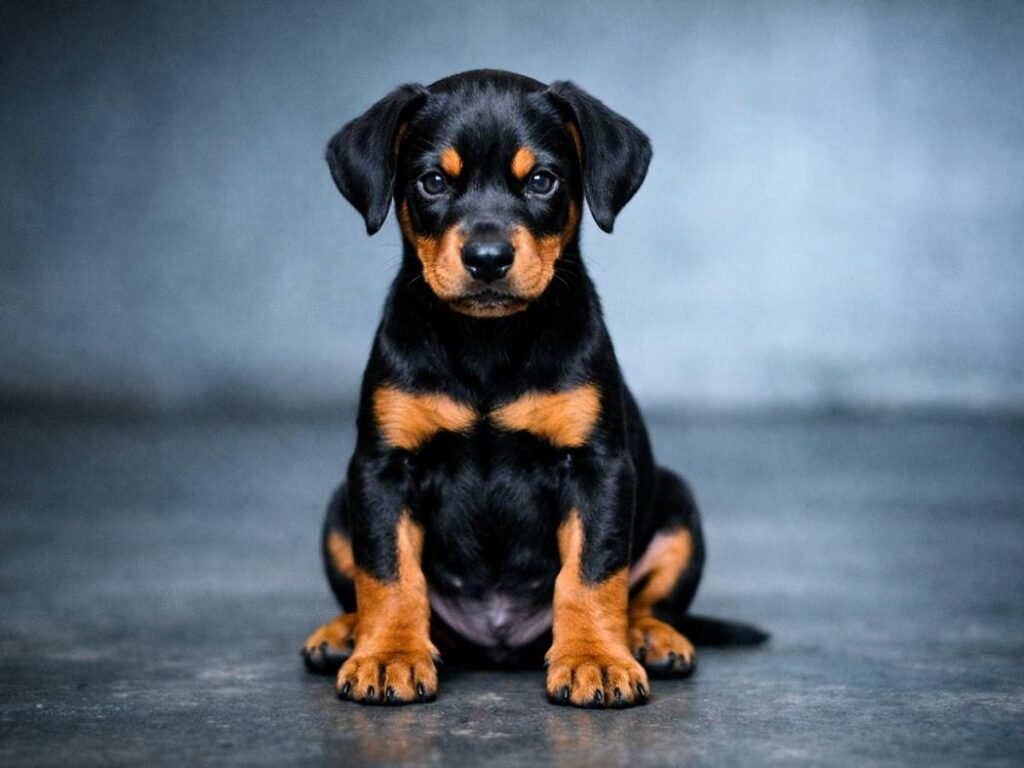 Doberman puppy sitting proudly with a serious, indignant gaze, symbolizing strong and intimidating female dog names.