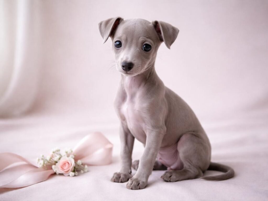 Female Italian Greyhound lilac puppy with soft grey coat sitting gracefully
