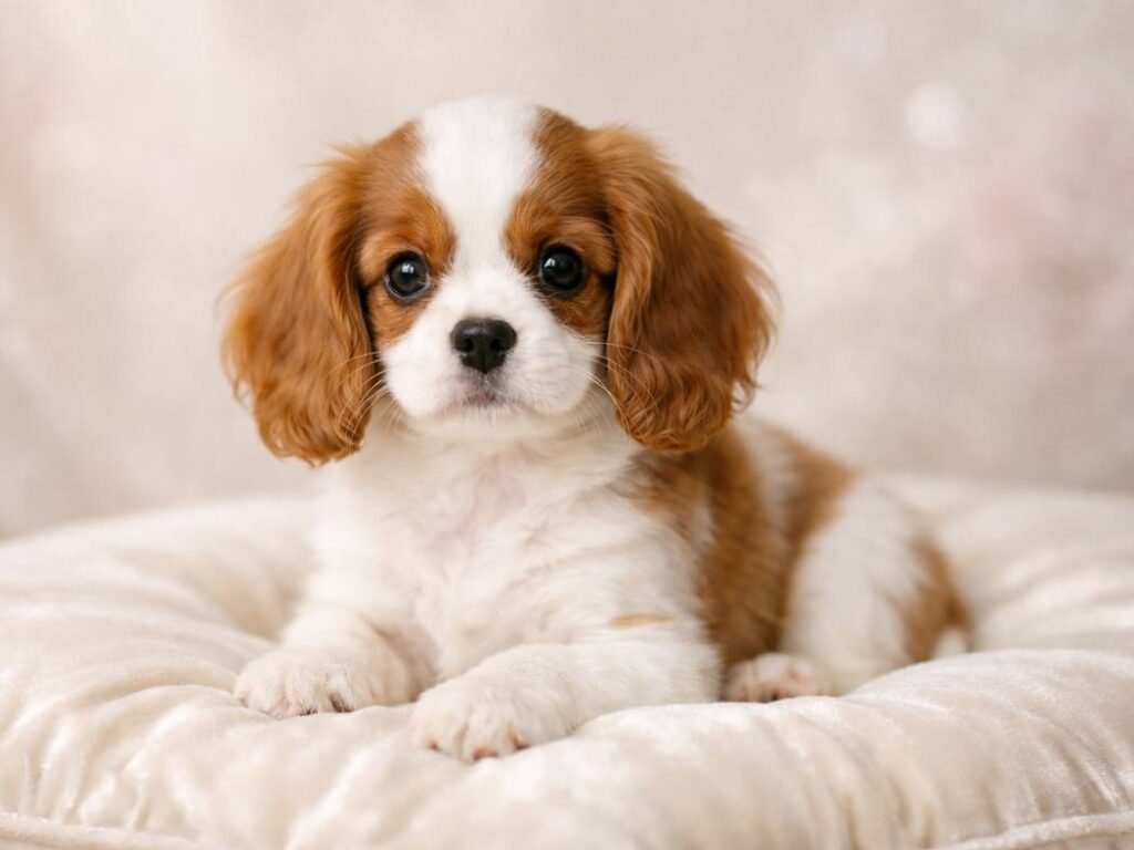 A Cavalier King Charles Spaniel puppy resting on a soft cushion in a light, elegant setting.