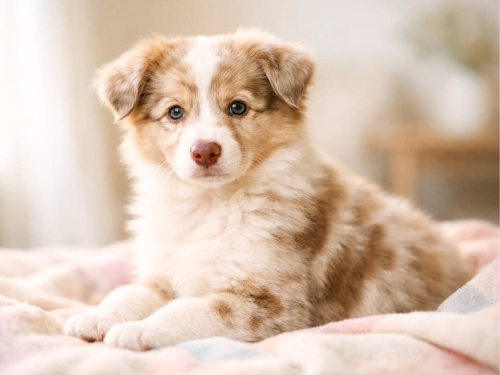 Lilac merle Australian Shepherd puppy sitting near a bright window with soft pastel coat