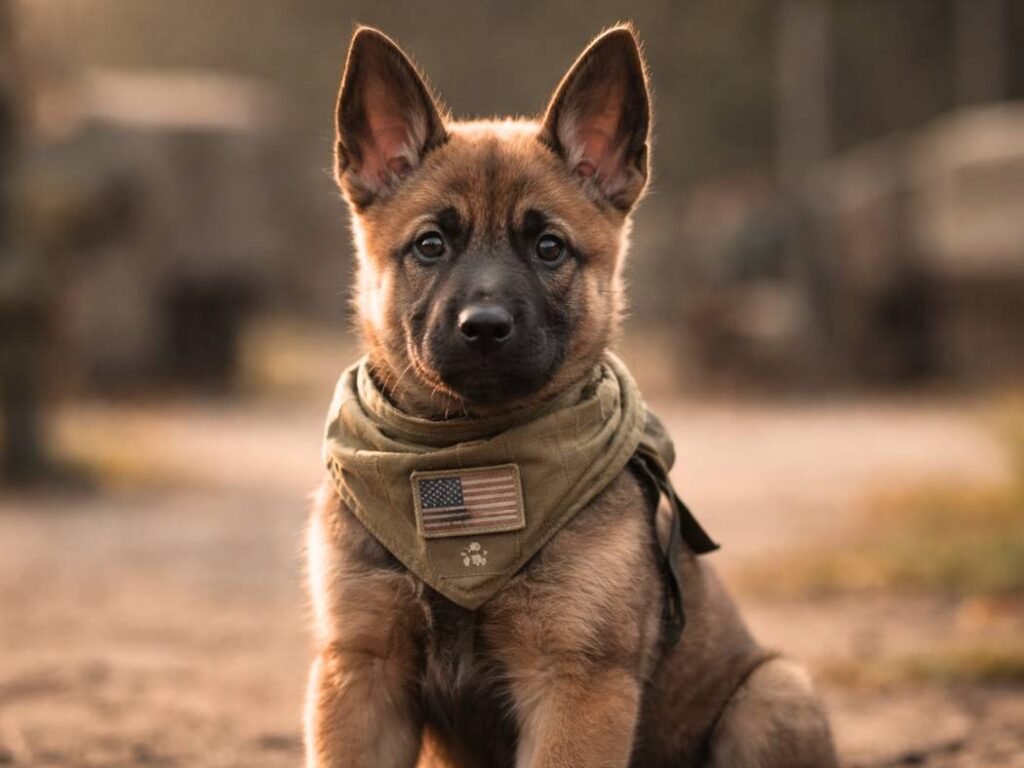Belgian Malinois puppy with military elements, representing female military dog names