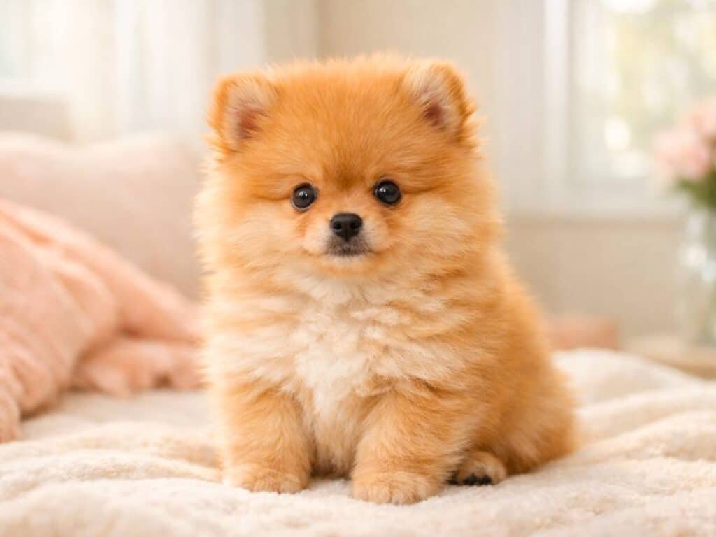 Fluffy orange Pomeranian puppy sitting indoors with soft natural light.