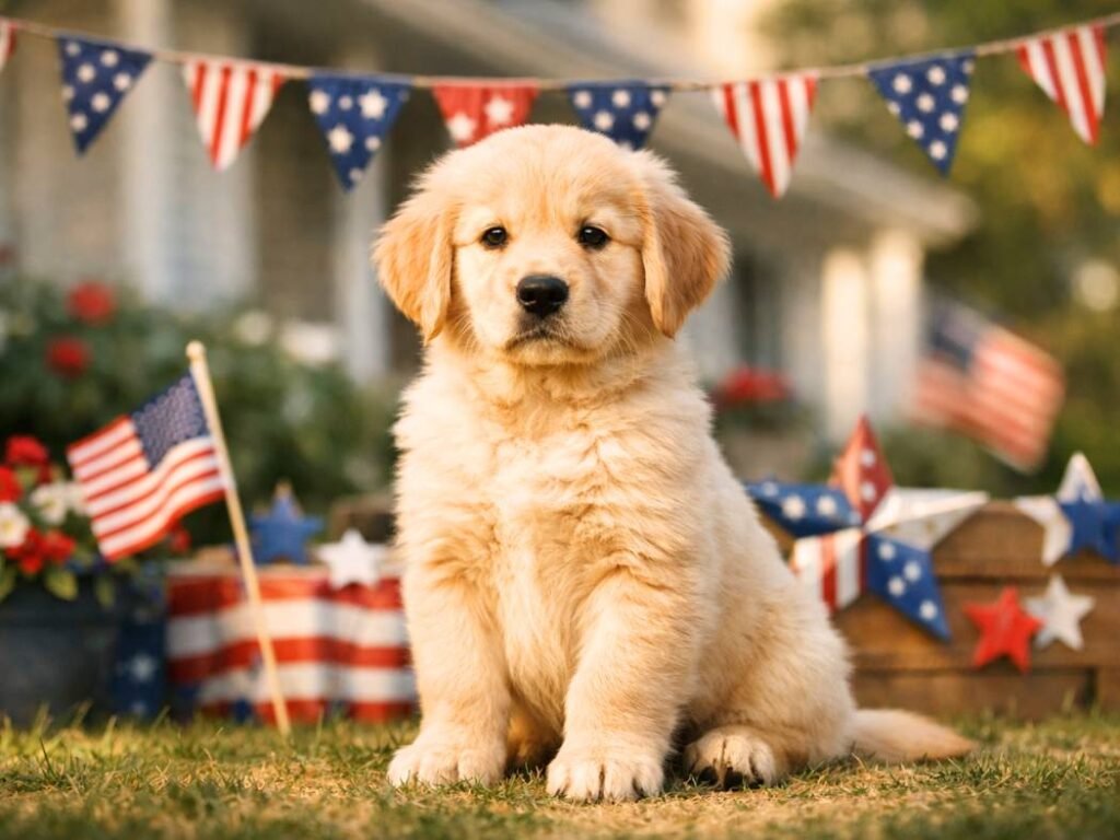 Golden Retriever puppy surrounded by red, white, and blue patriotic decorations