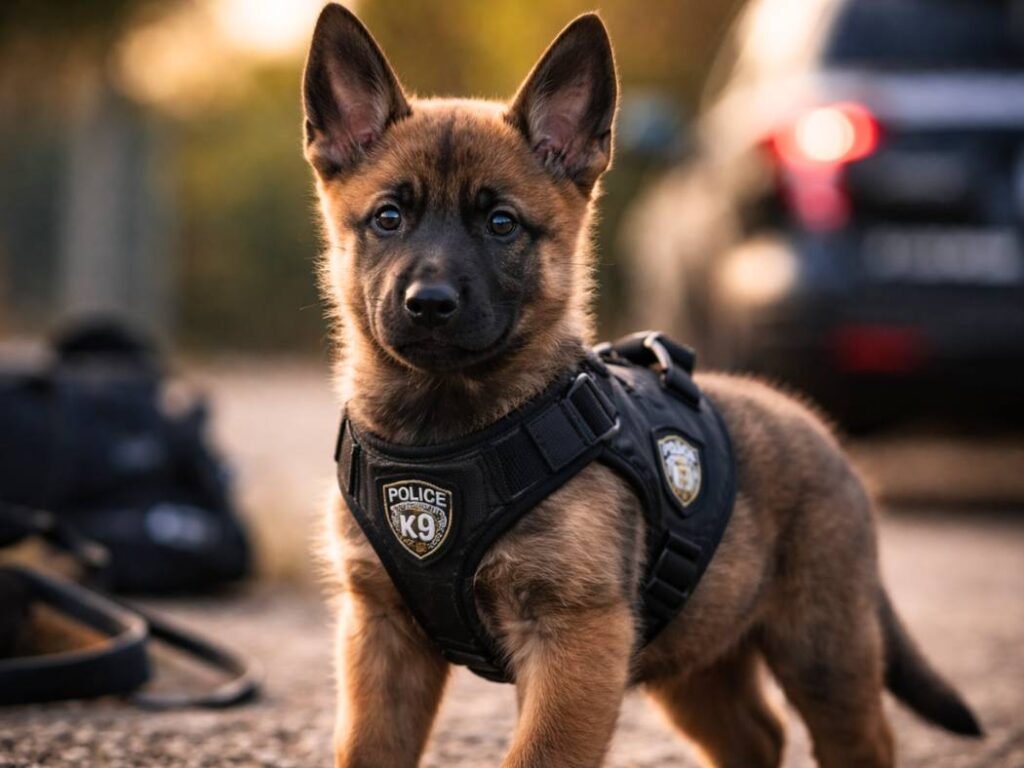 Belgian Malinois puppy in a police-style K9 harness during early training