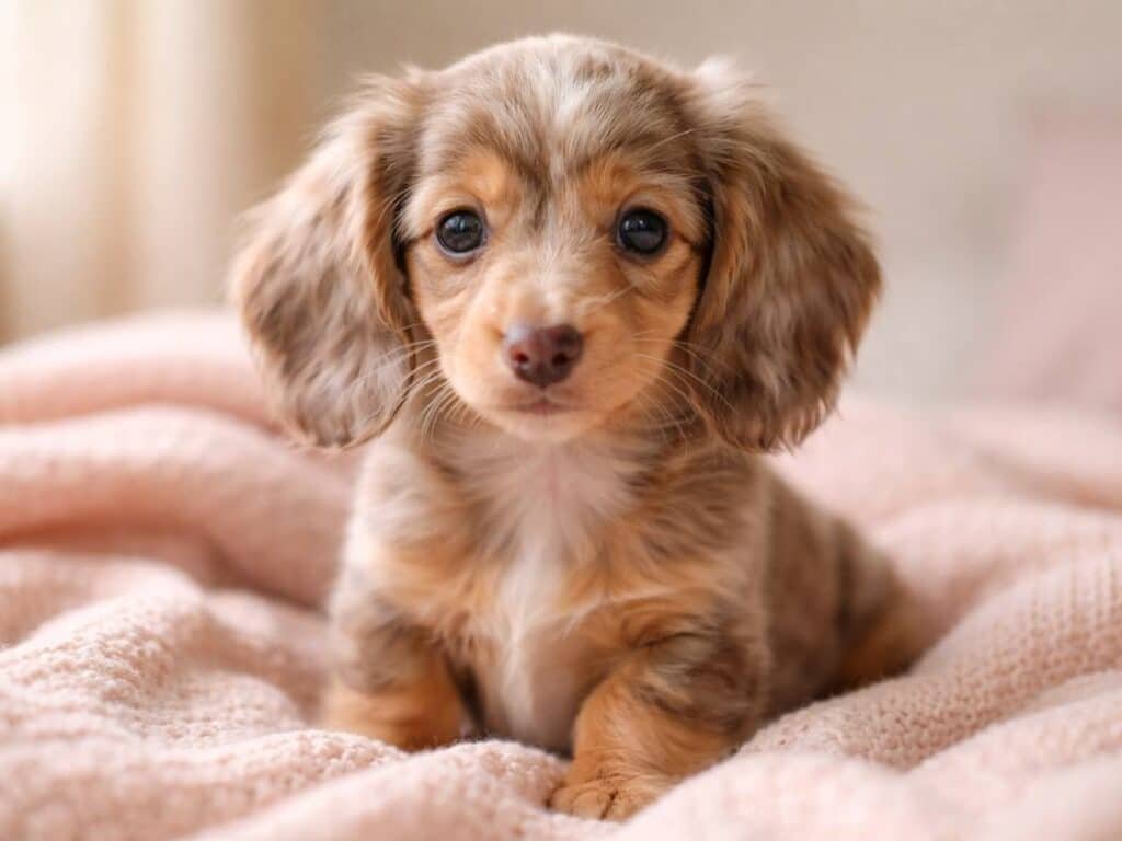 An adorable red merle dapple Dachshund puppy sitting on a soft blush blanket indoors.