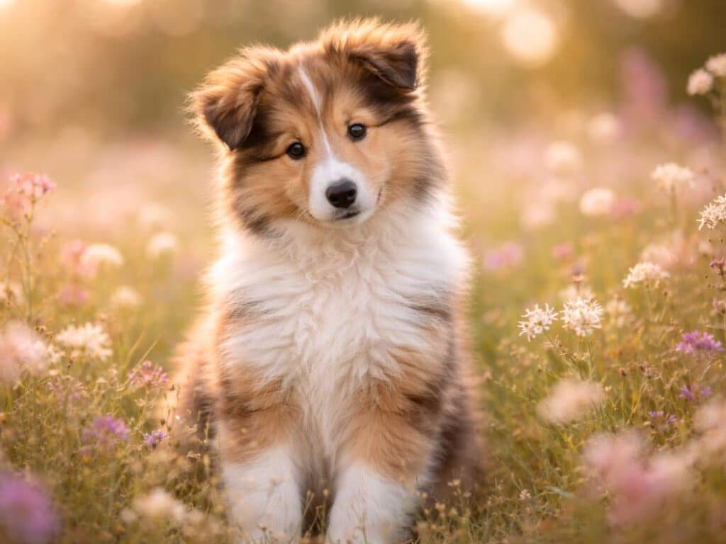 Fluffy sable and white Rough Collie puppy sitting in a flower meadow during golden hour
