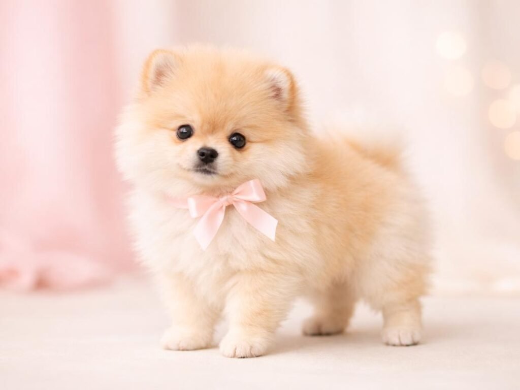 A fluffy Pomeranian puppy with a soft, feminine look posed against a light, pastel background.