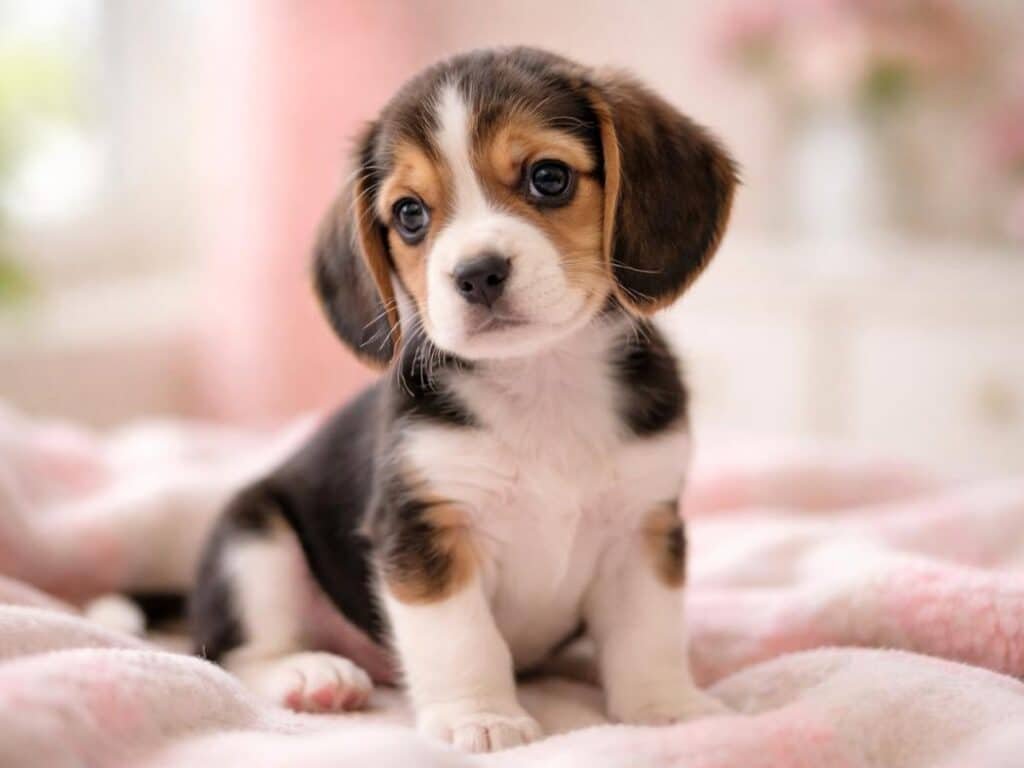 Cute tricolor Beagle puppy sitting indoors with a soft pastel background