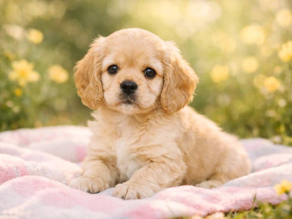 Female yellow Cocker Spaniel puppy sitting in a sunny garden