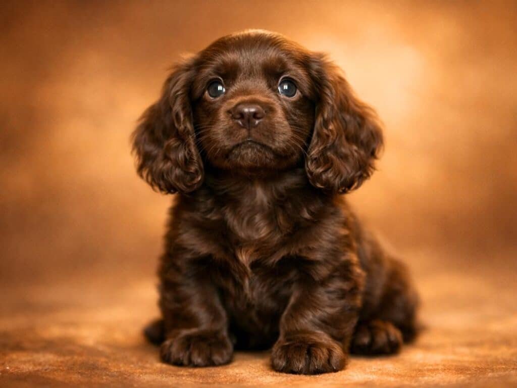 Chocolate cocker spaniel puppy with silky ears and rich brown coat looking up sweetly