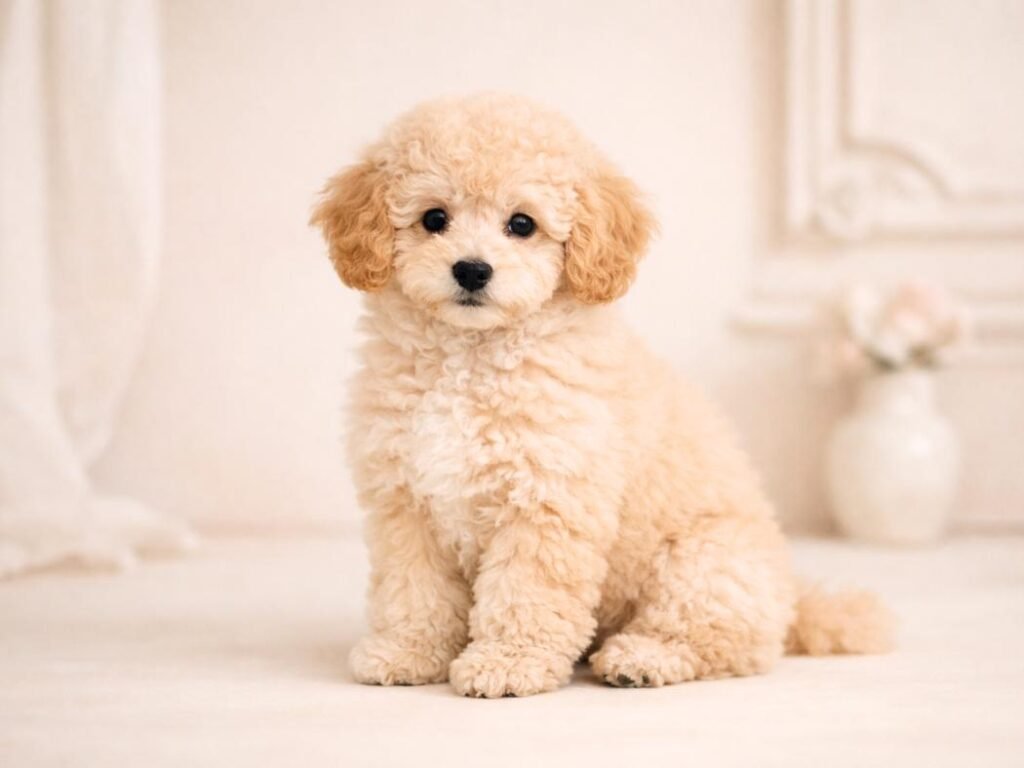 French-inspired elegant Poodle puppy sitting gracefully in a minimalist setting