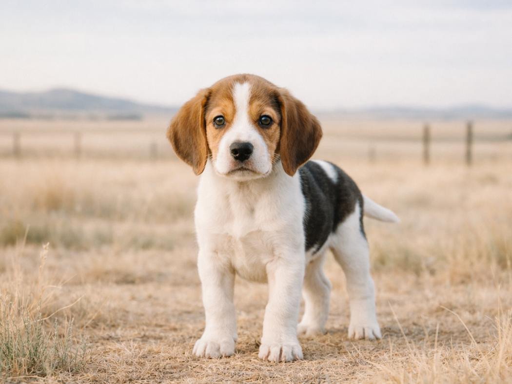 American Foxhound puppy in an open American frontier landscape with wide skies and rustic ranch scenery