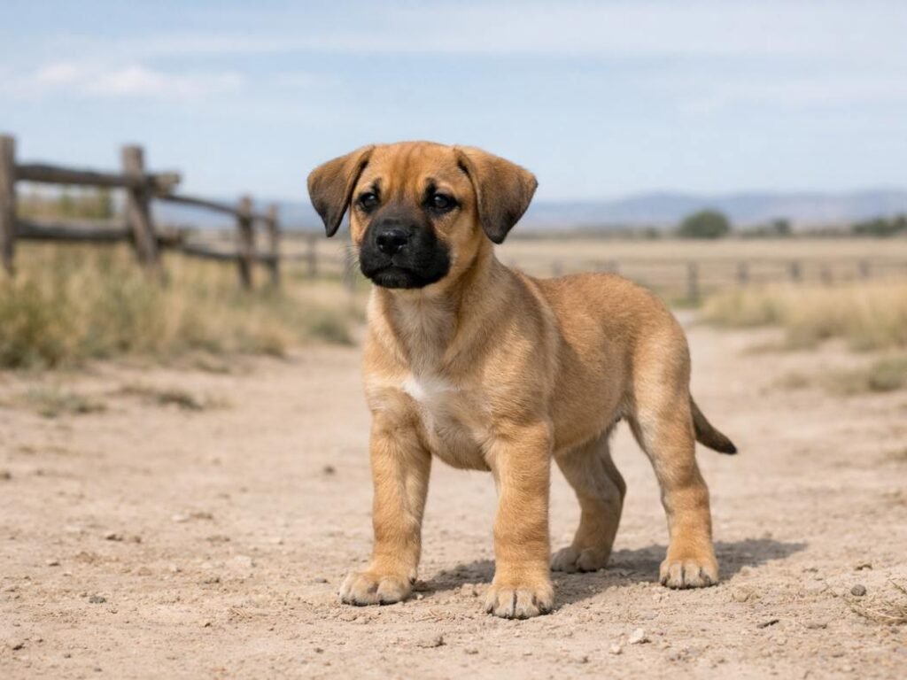 Black Mouth Cur puppy standing on a dusty ranch path in a rugged American frontier setting