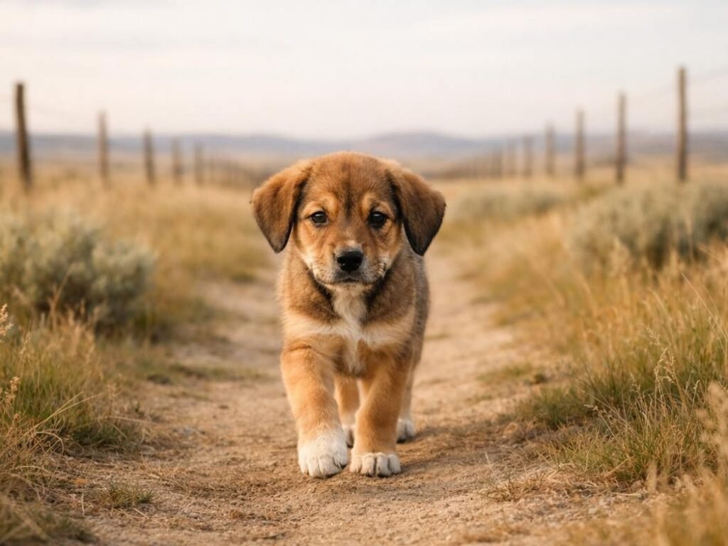 Mountain Cur puppy walking along a grassy trail in an open frontier ranch landscape