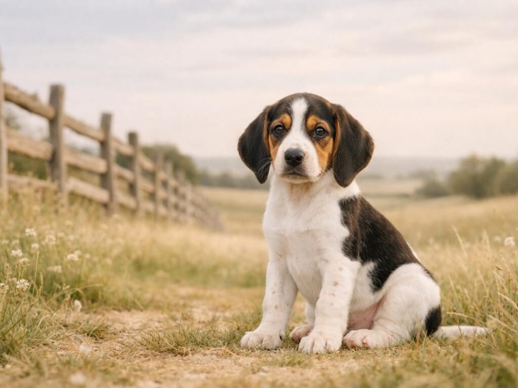 Treeing Walker Coonhound puppy sitting in a peaceful frontier meadow with wooden fence and open sky