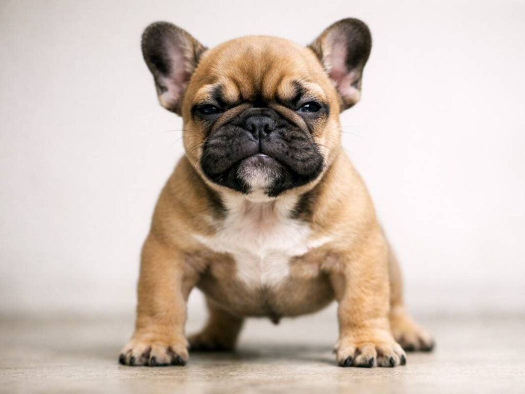 A French Bulldog puppy striking a tough pose with a humorous expression, perfect for funny aggressive-sounding dog names.