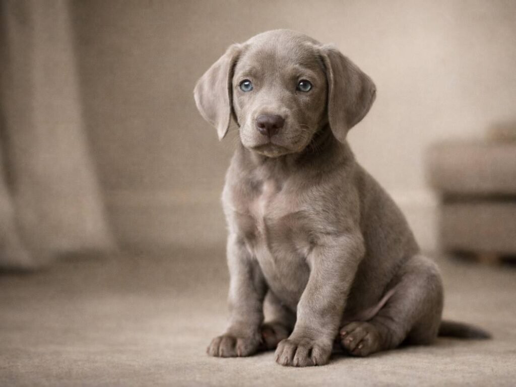 
Weimaraner puppy with a smooth silver-gray coat sitting calmly in a neutral elegant setting.