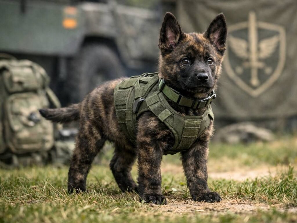 Dutch Shepherd puppy with military-themed background, inspired by German military dog names