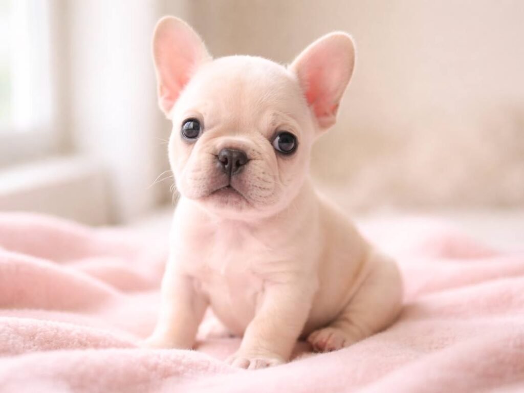 Cute French Bulldog puppy sitting on a soft pink blanket indoors
