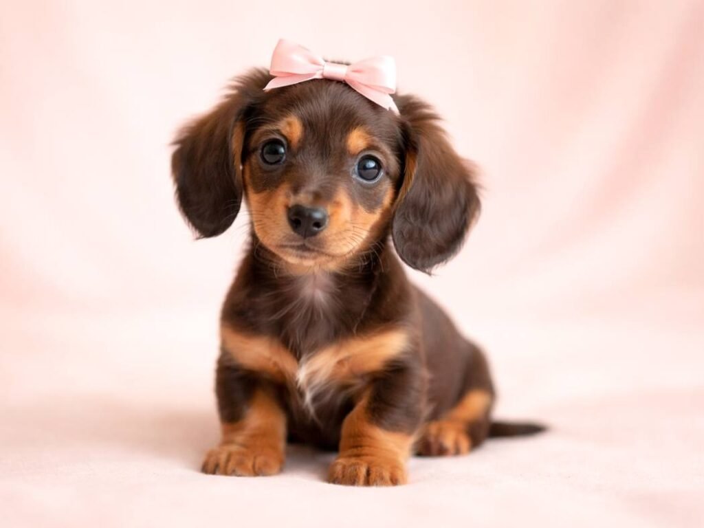 Adorable Daschund puppy sitting on a soft pastel background
