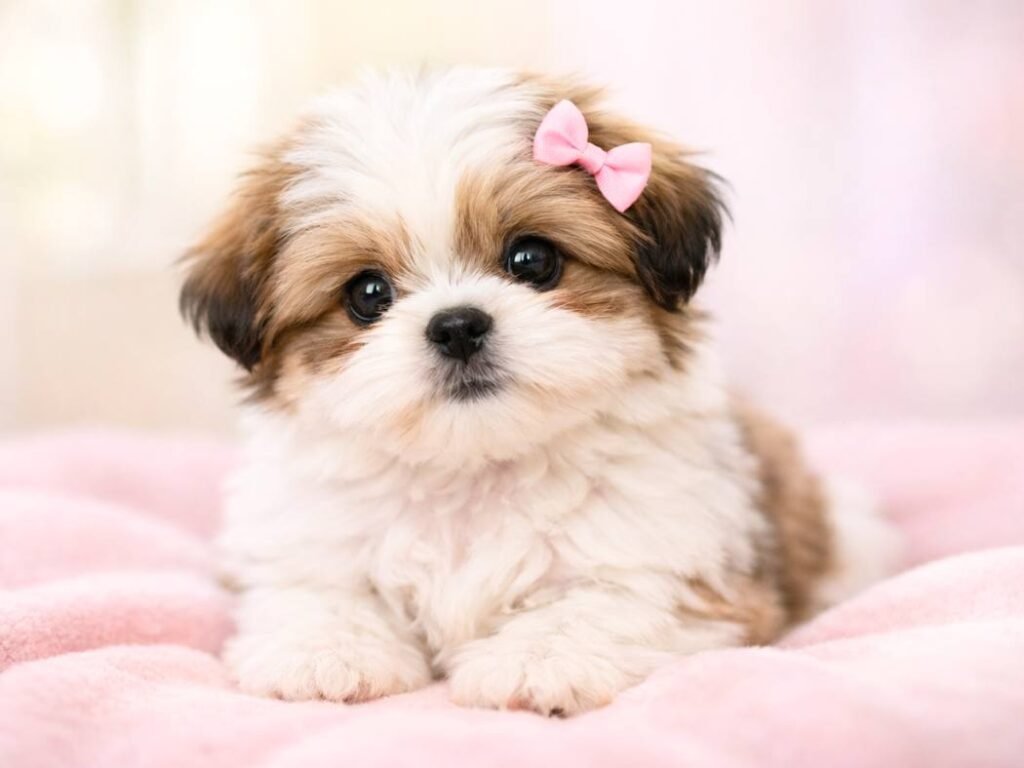 Fluffy Shih Tzu puppy with a pink bow sitting on a soft pastel blanket