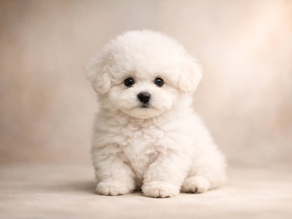 A fluffy Bichon Frise puppy with a unique expression sitting in a soft neutral setting