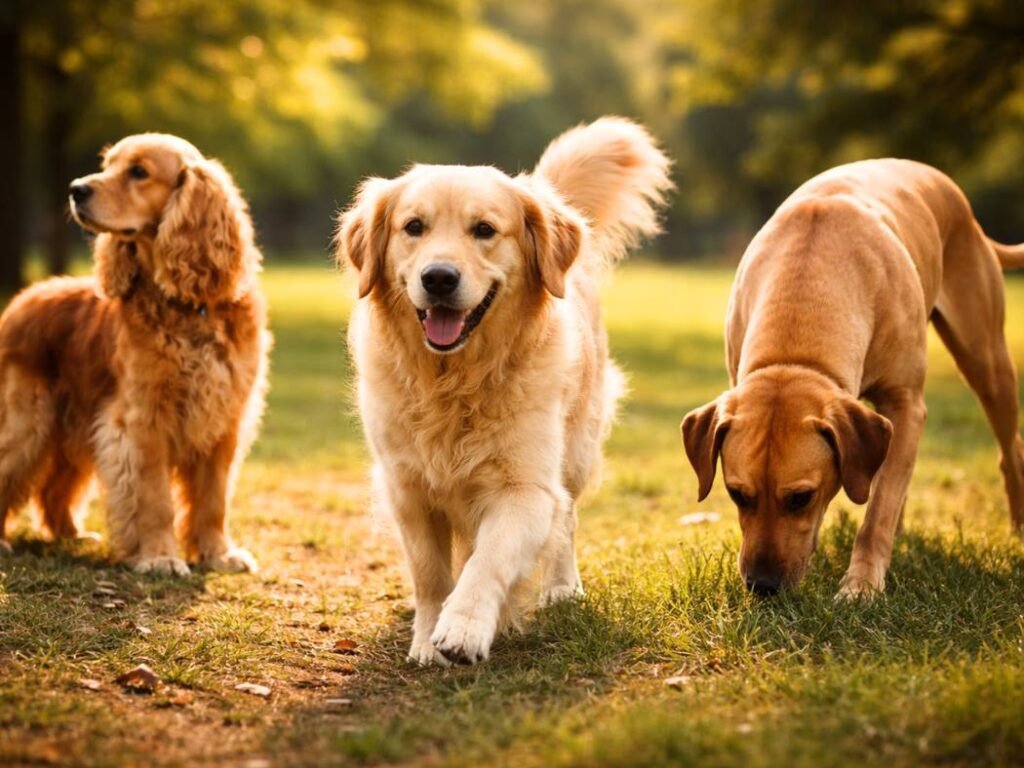 Three golden and warm-toned dogs including a Golden Retriever, Cocker Spaniel, and Rhodesian Ridgeback in candid outdoor daylight