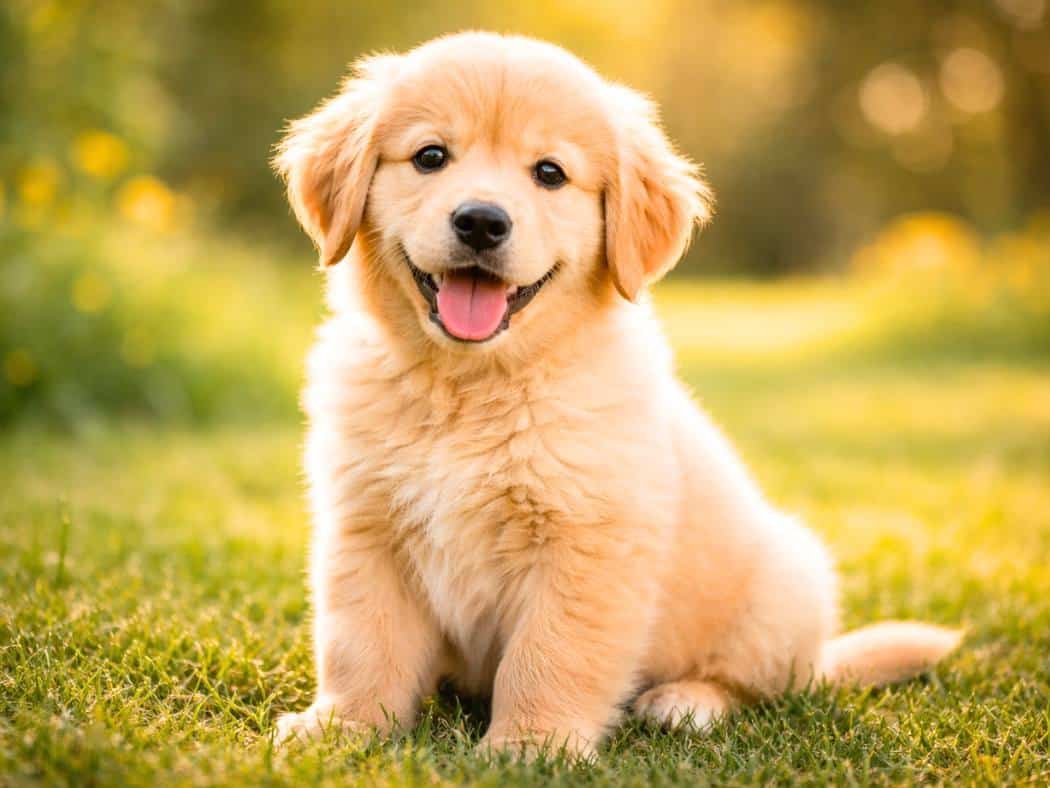 Golden Retriever yellow puppy sitting on grass in warm sunlight