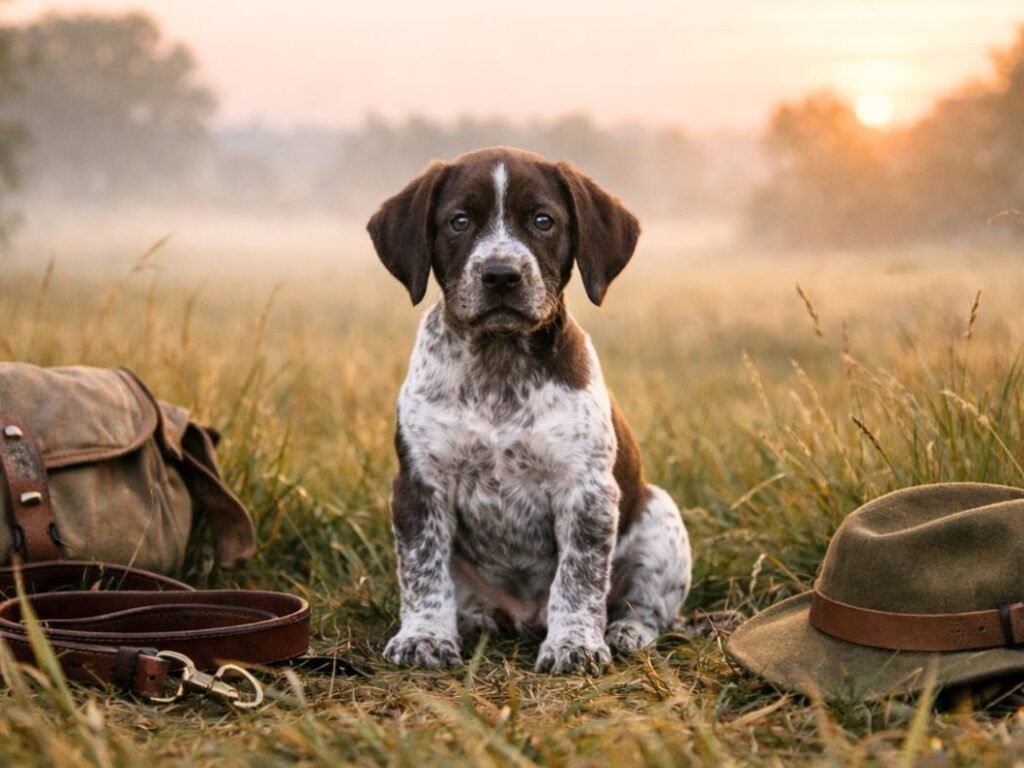German Shorthaired Pointer puppy sitting in tall grass with hunting gear in an outdoor countryside setting